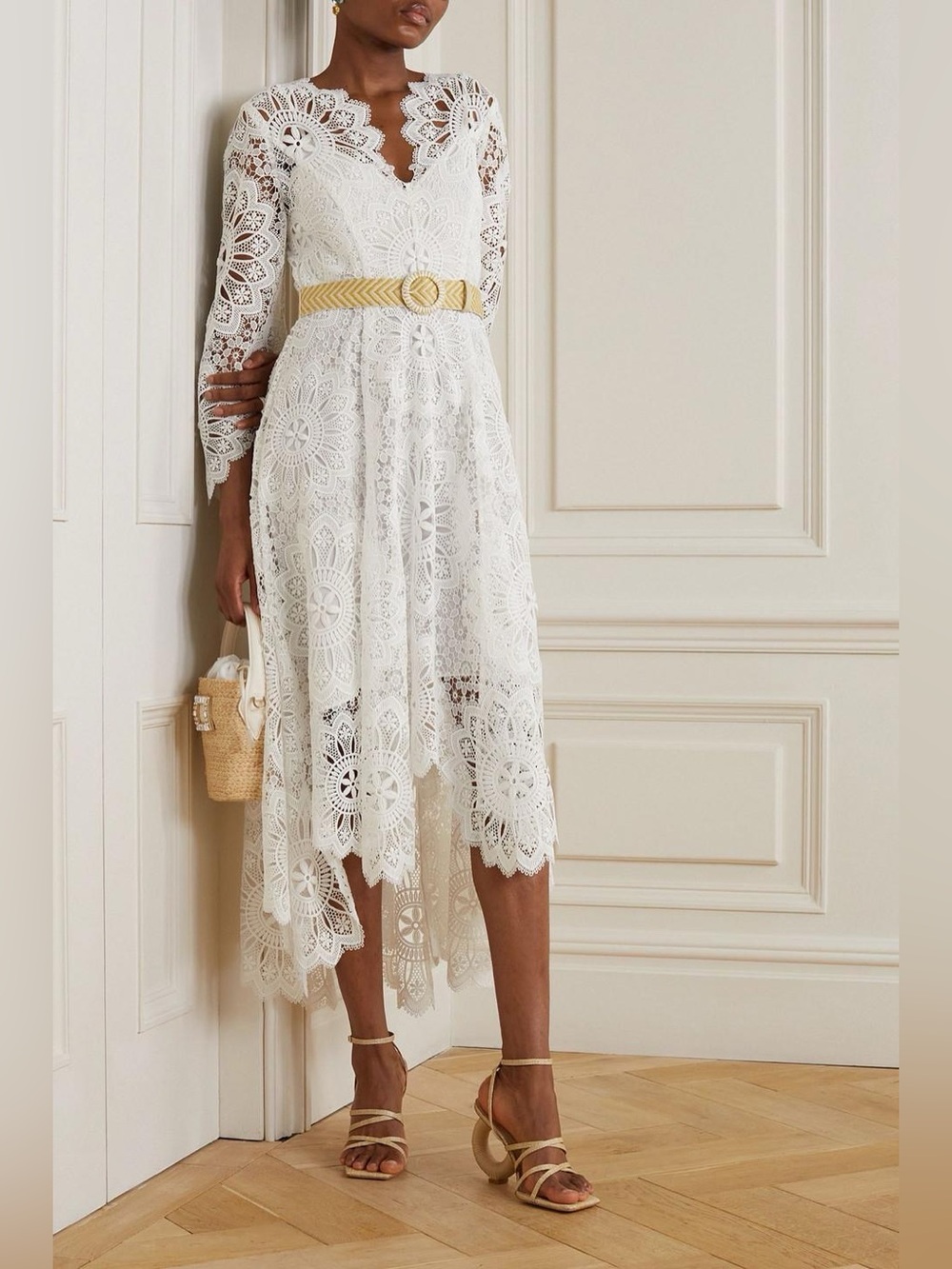 NWT $1600 ZIMMERMANN Chintz Doily belted asymmetric guipure lace midi dress
